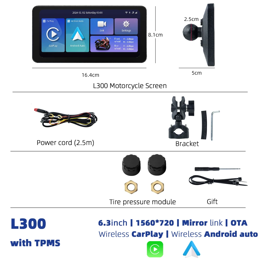 EKIY L300 Motorcycle CarPlay GPS 6.3inch Wireless Android Auto Airplay Screen Portable Motorcycle Monitor Optional DVR TPMS - Image 8